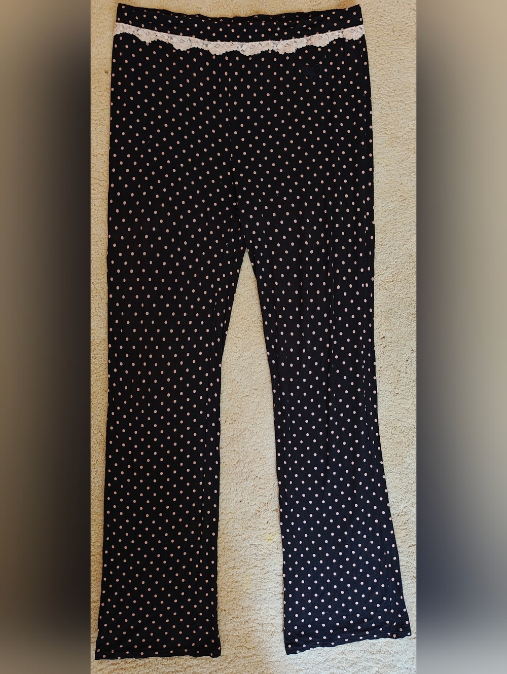 Vintage Betsey Johnson Polka Dot & Lace Trim Loungewear Pants w Heart Detail.